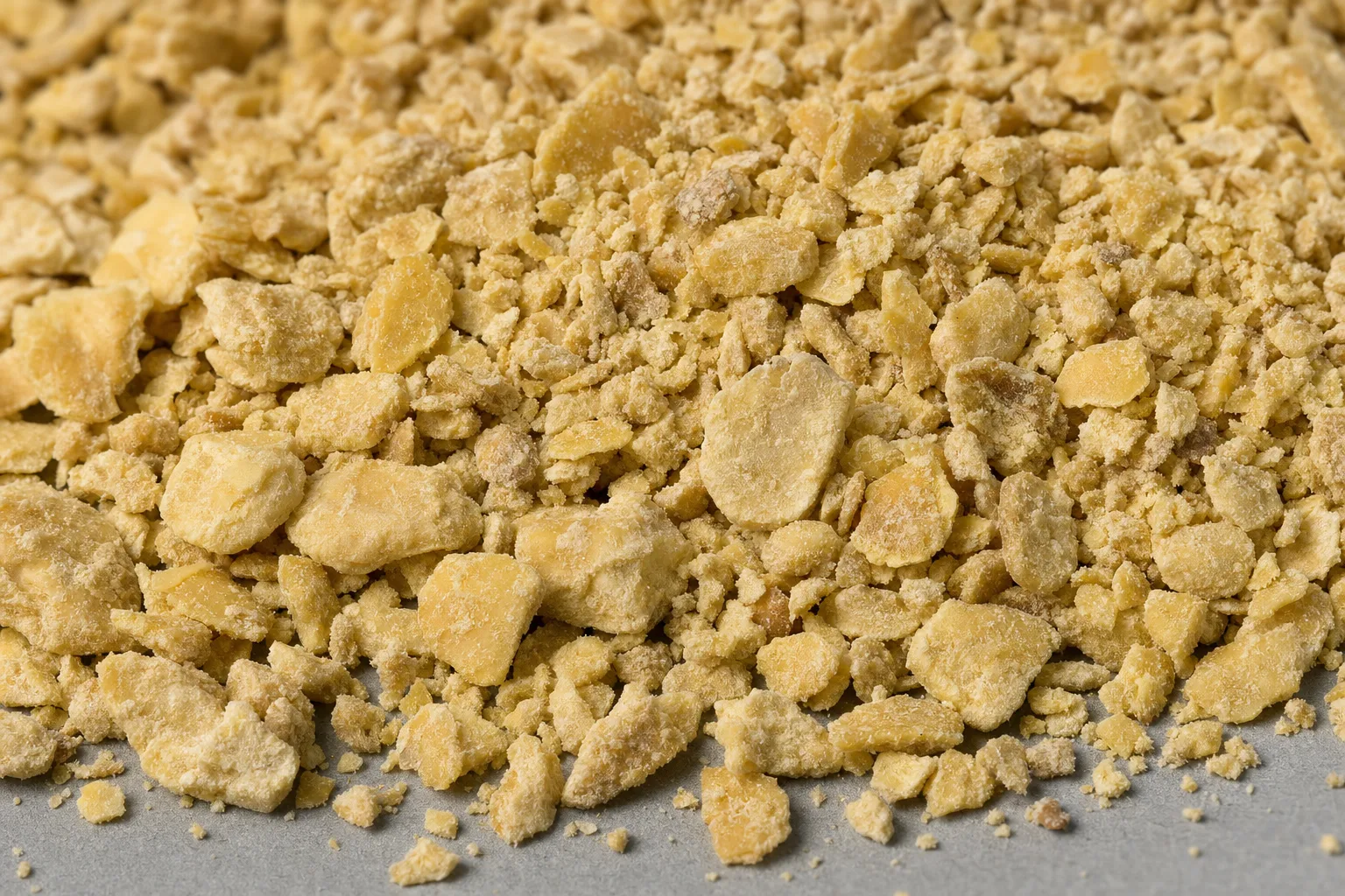 Close-up of soybean meal, showing particle size and texture.