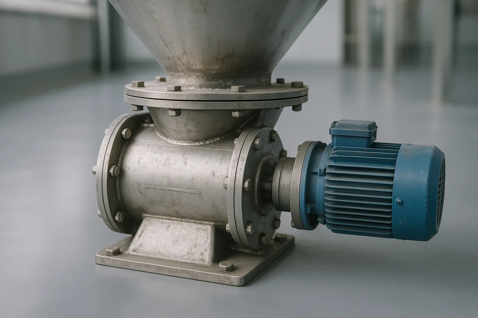 A rotary valve bolted under a hopper outlet, drive and bearing visible on one side.