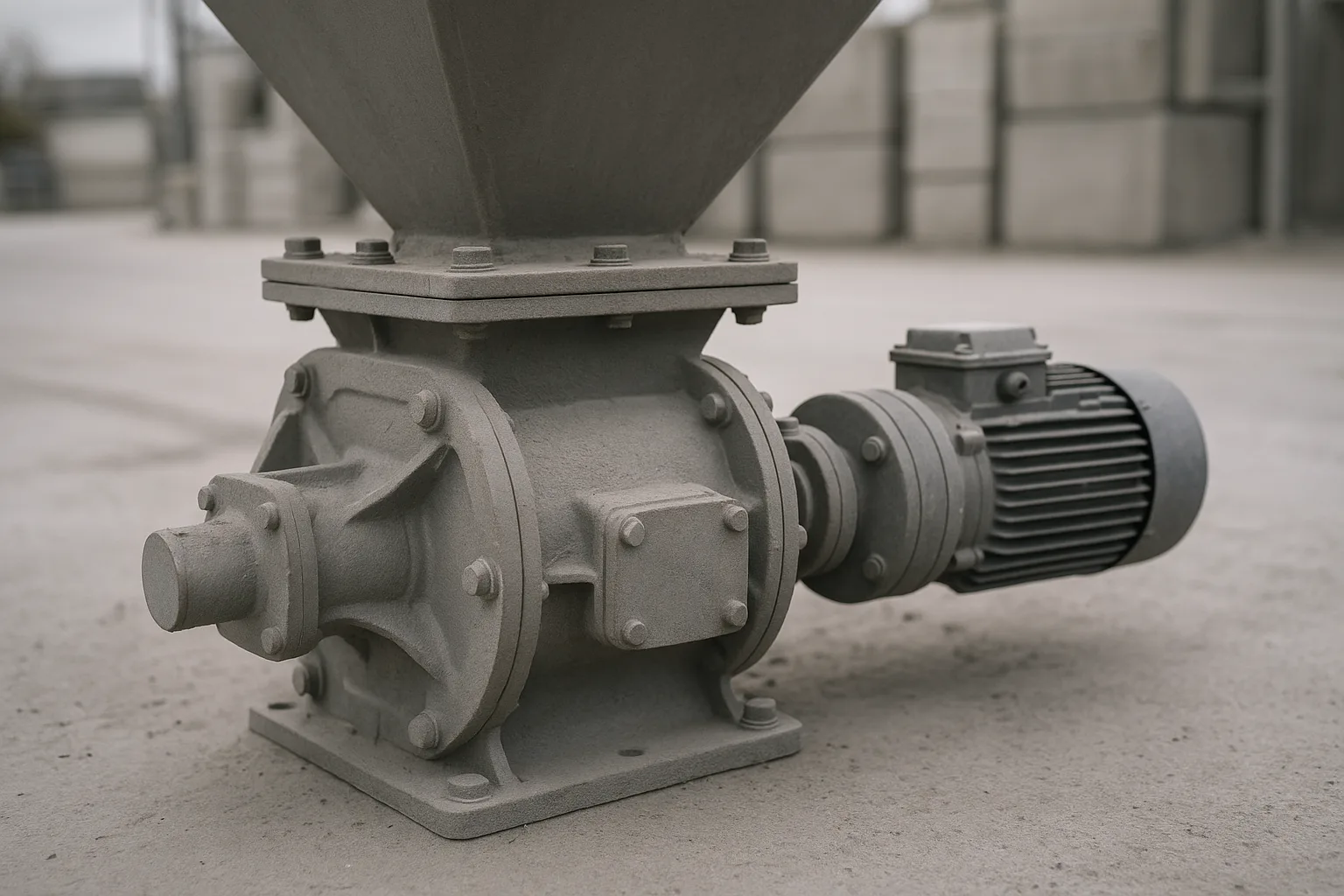 A rotary valve bolted under a hopper outlet, drive and bearing visible on one side.
