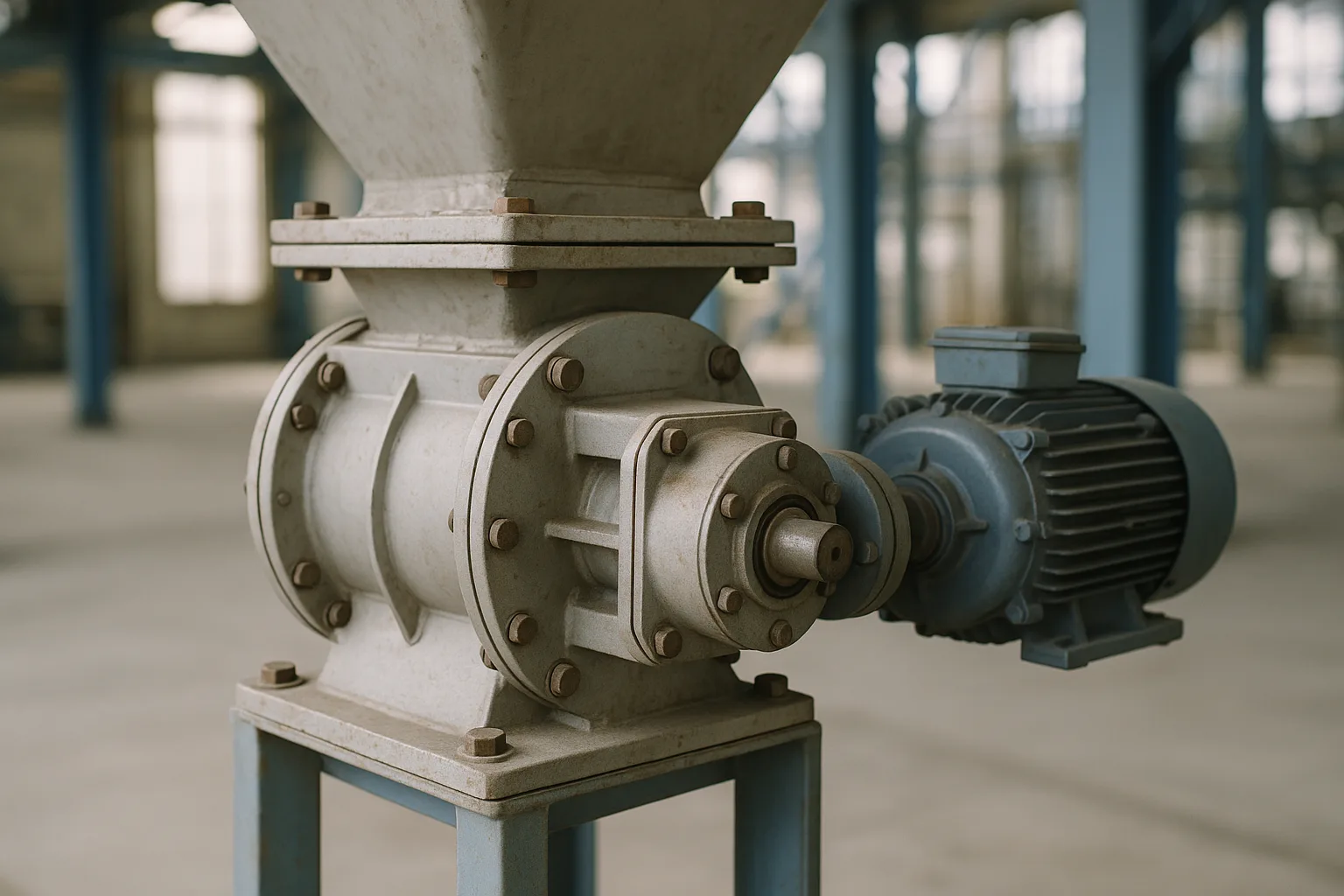 A rotary valve bolted under a hopper outlet, drive and bearing visible on one side.