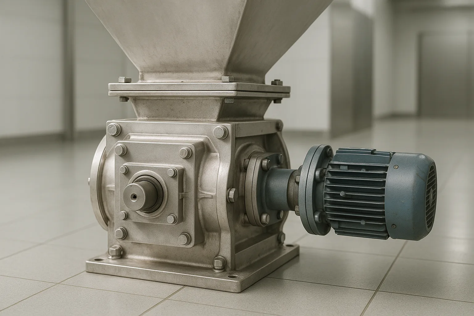 A rotary valve bolted under a hopper outlet, drive and bearing visible on one side.