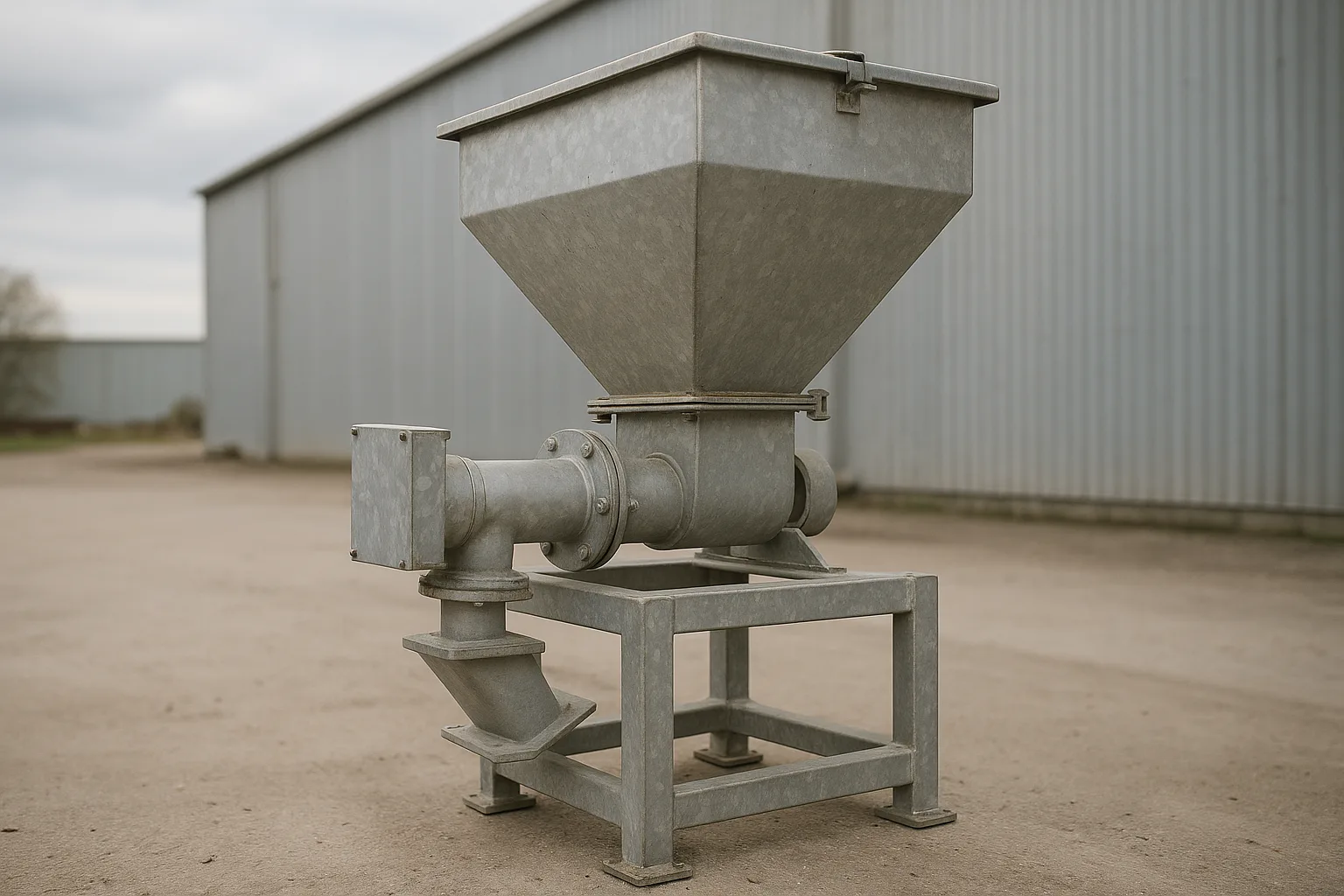 A loss-in-weight feeder, its hopper standing on load cells, discharging through a short screw into the inlet below.