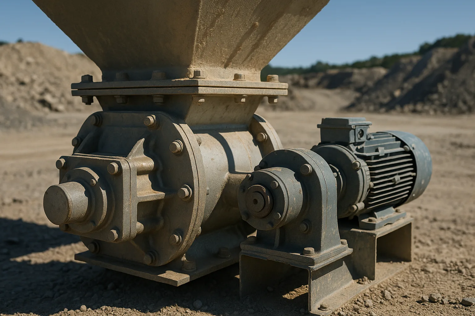 A rotary valve bolted under a hopper outlet, drive and bearing visible on one side.
