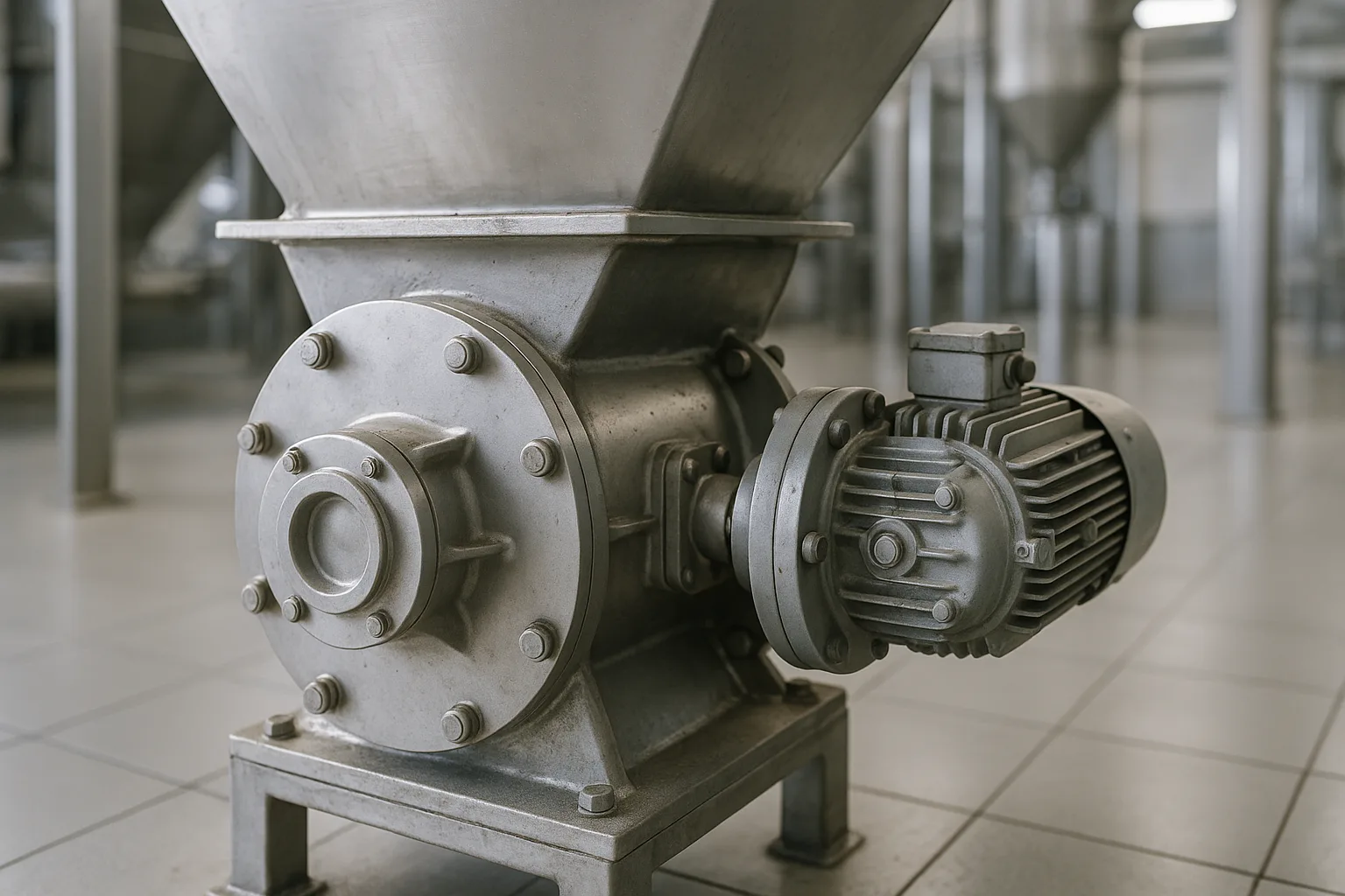 A rotary valve bolted under a hopper outlet, drive and bearing visible on one side.