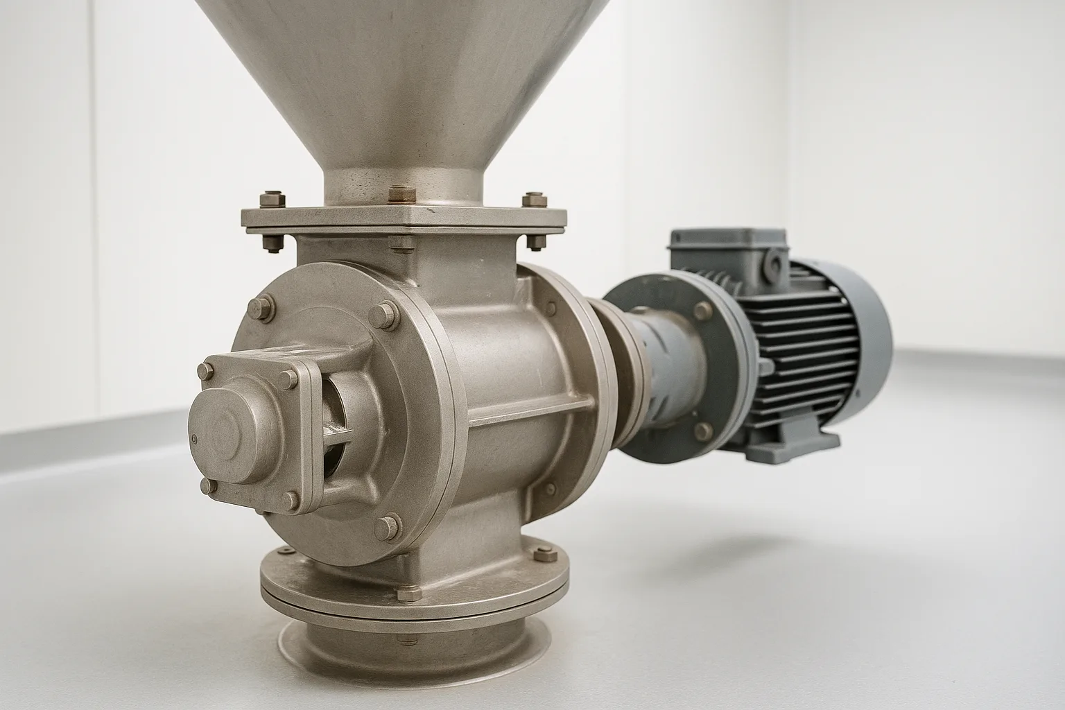A rotary valve bolted under a hopper outlet, drive and bearing visible on one side.