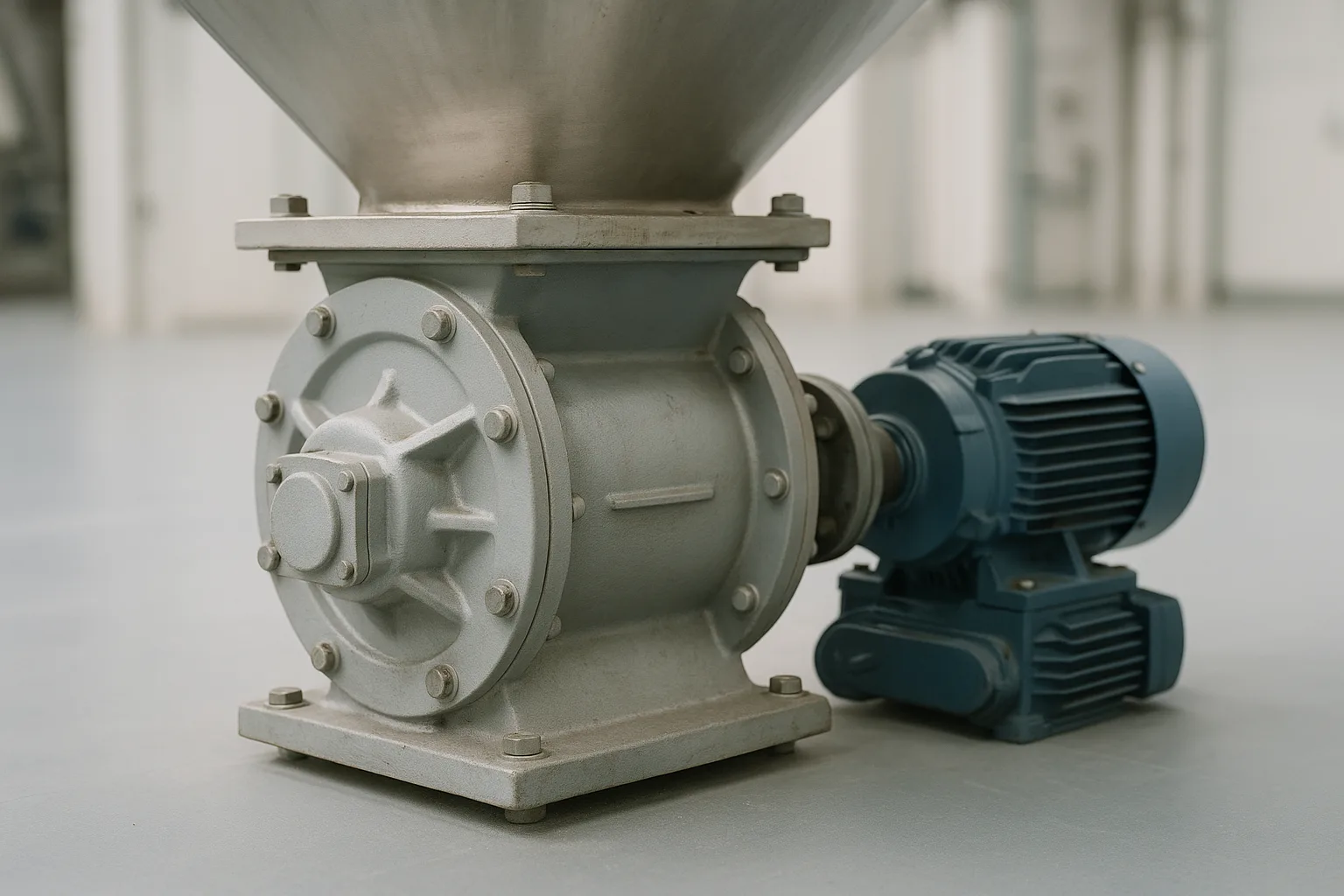 A rotary valve bolted under a hopper outlet, drive and bearing visible on one side.