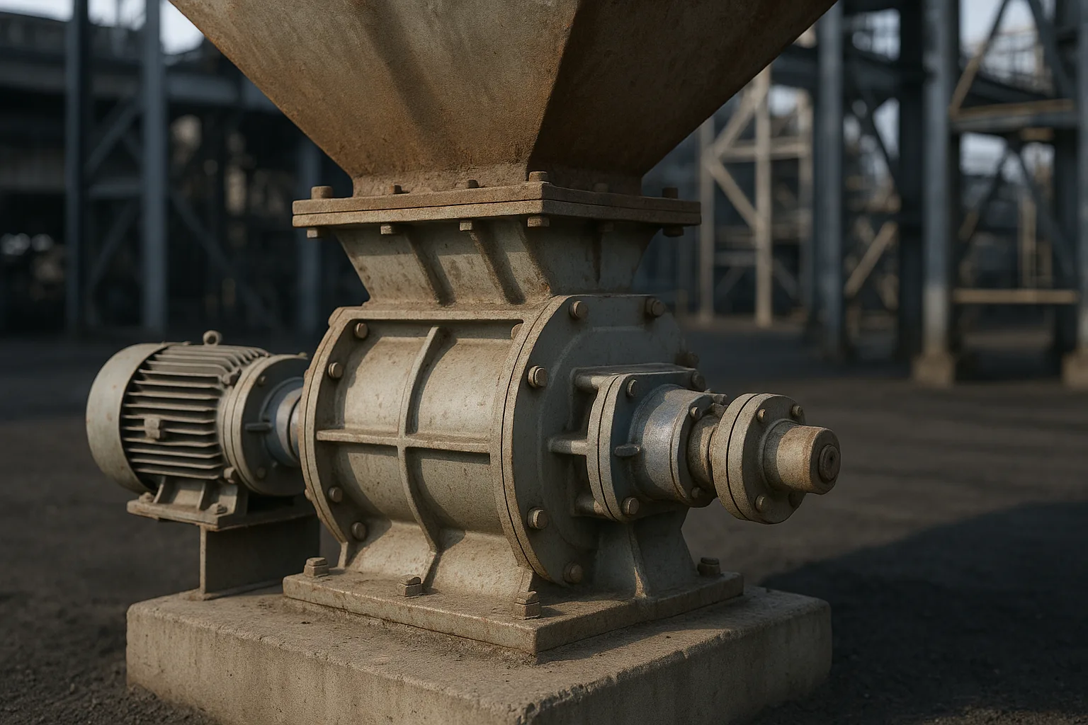A rotary valve bolted under a hopper outlet, drive and bearing visible on one side.