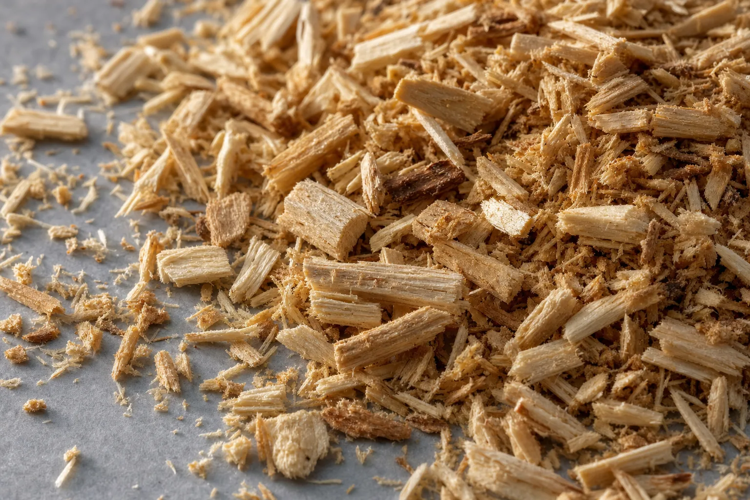 Close-up of wood chips & sawdust, showing particle size and texture.
