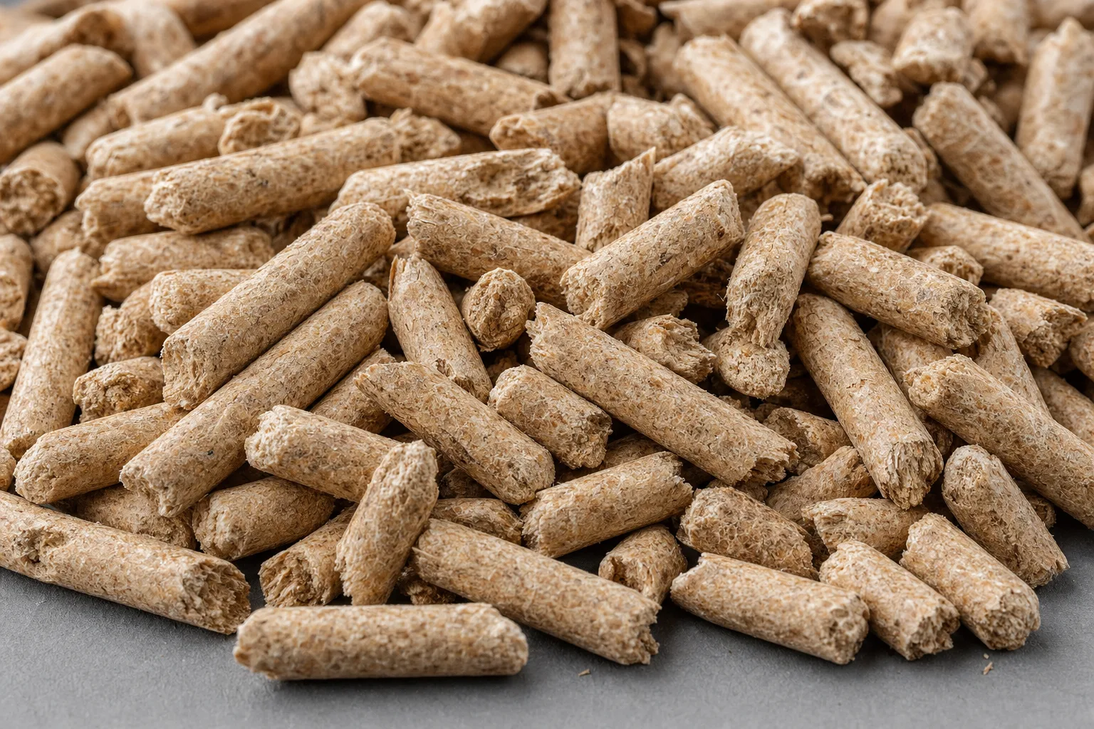 Close-up of wood pellets, showing particle size and texture.