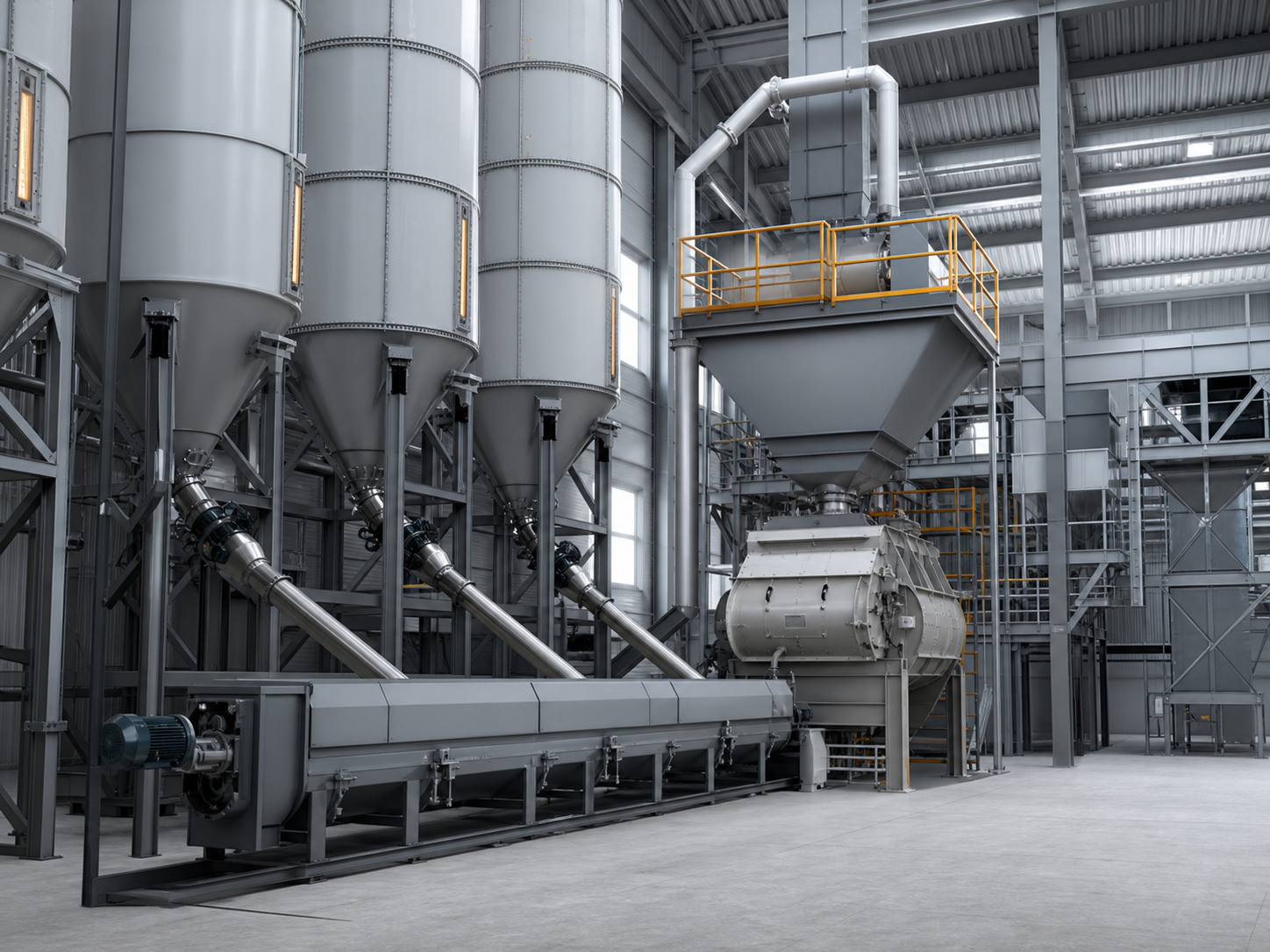 Cement blending system with silos, dosing lines and industrial blender