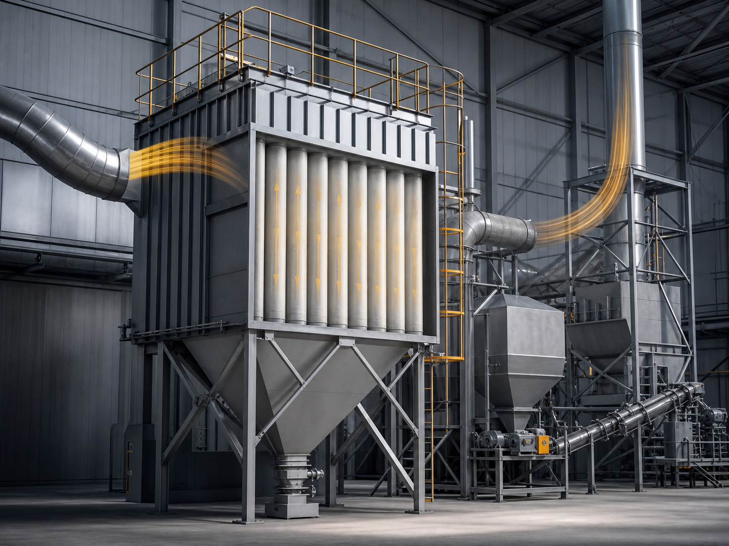 Industrial dust collection system with filter housing, ducting and collection hopper