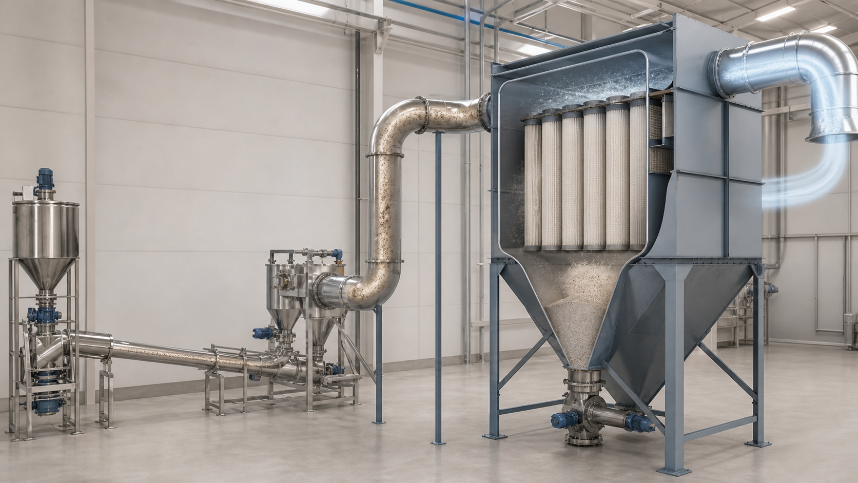 Editorial illustration of an industrial dust collection system with filter housing, ductwork and collection hopper