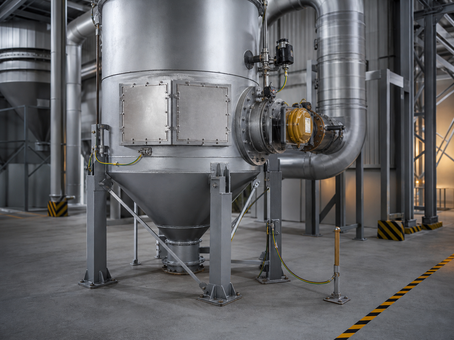Explosion protected powder processing vessel with vent panels, isolation and grounding