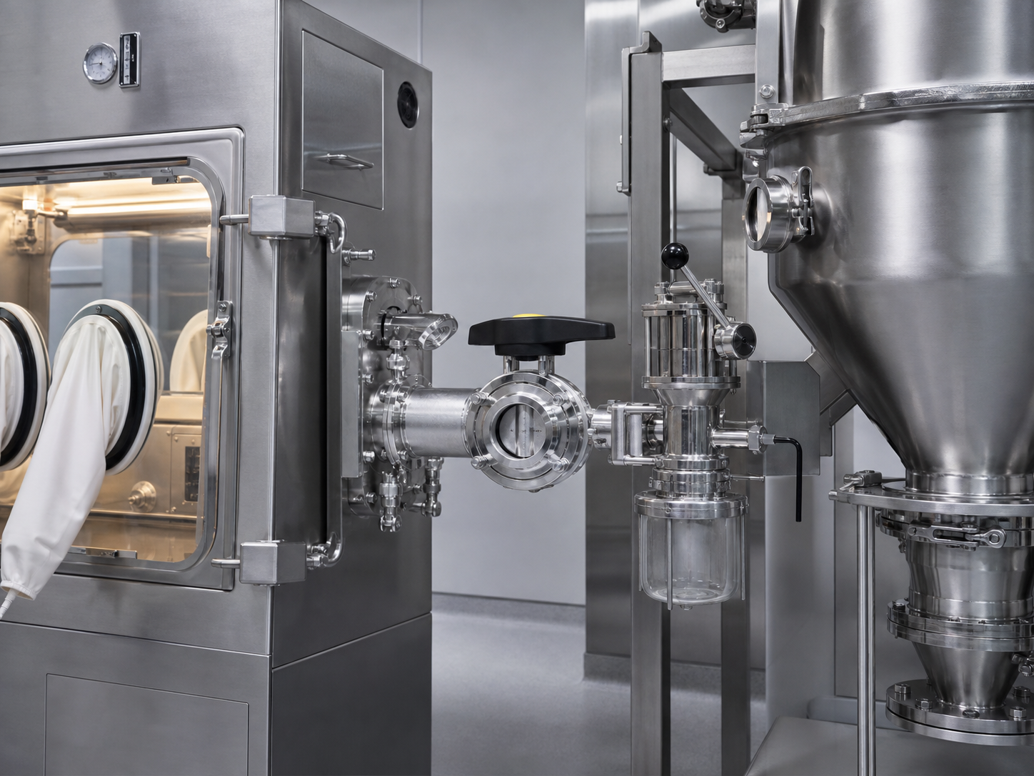 High containment powder handling and sampling system in a clean processing room