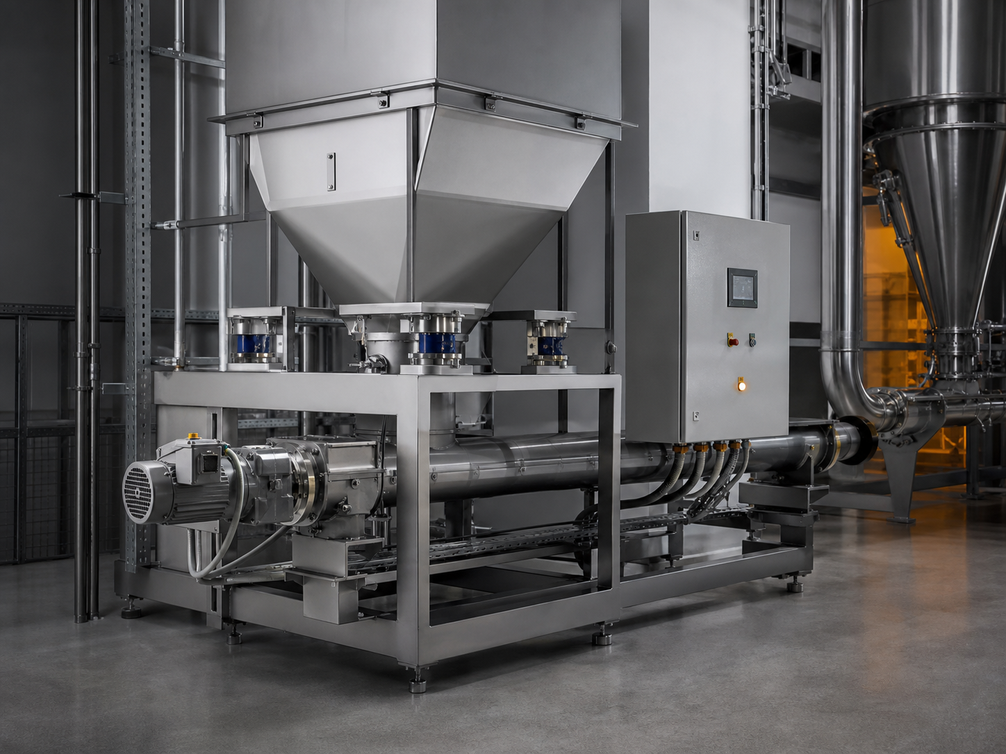 Industrial loss in weight feeder with hopper, enclosed screw and process controls