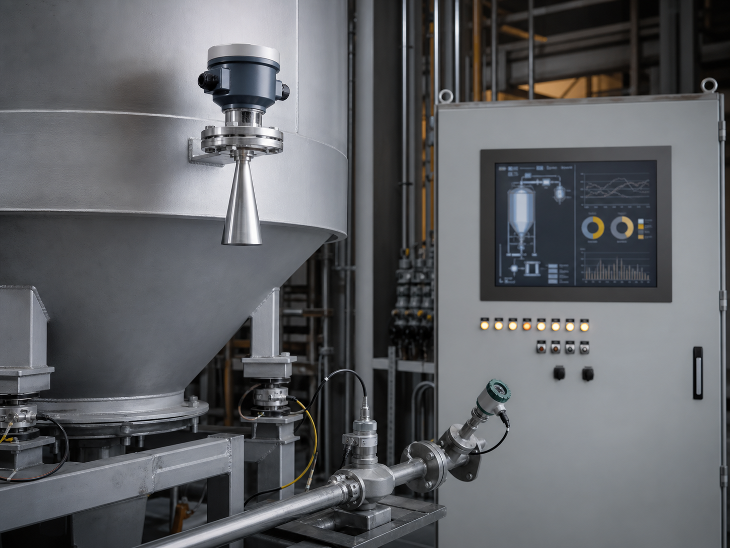 Bulk solids instrumentation and process control with level, weight and flow measurement