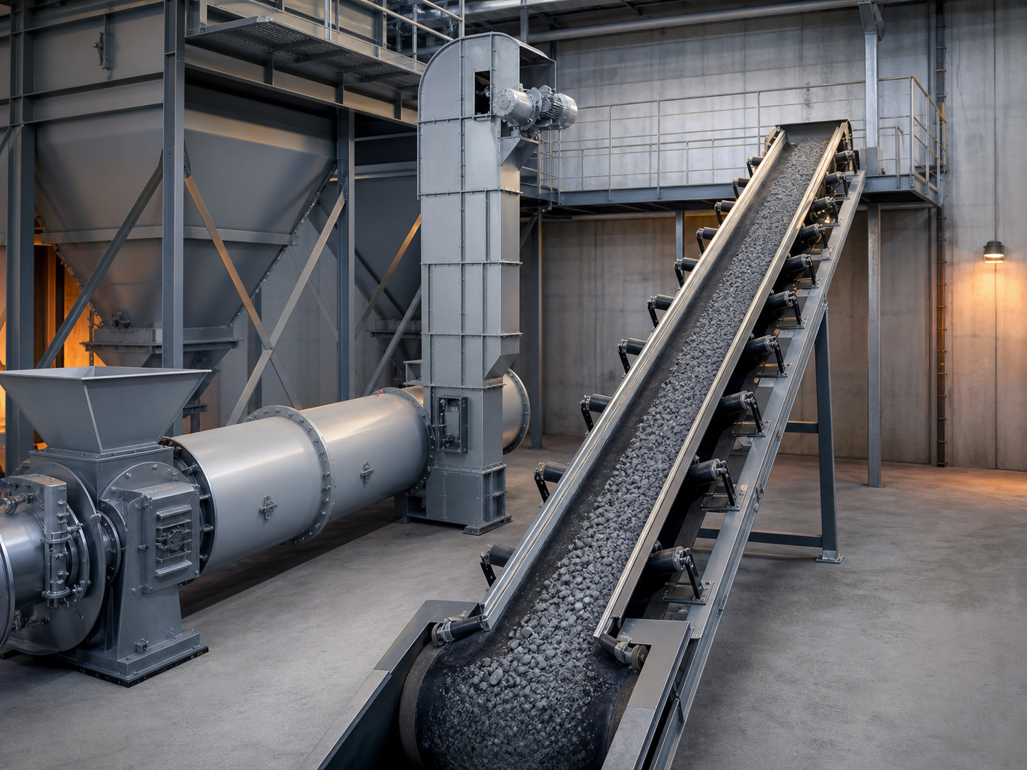 Mechanical conveying line with belt, screw and bucket conveying equipment