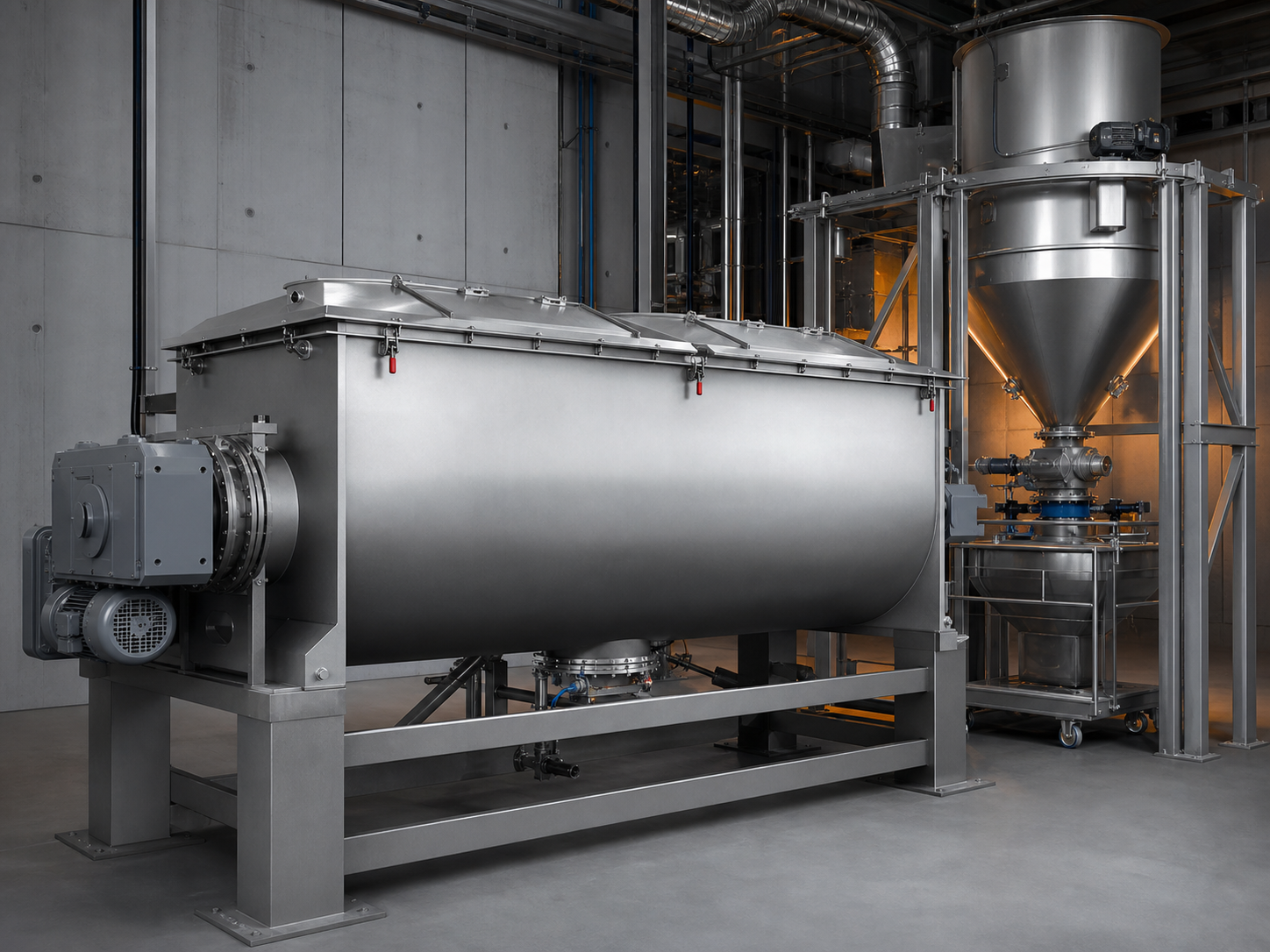 Stainless steel industrial powder mixer and blender in a modern processing plant