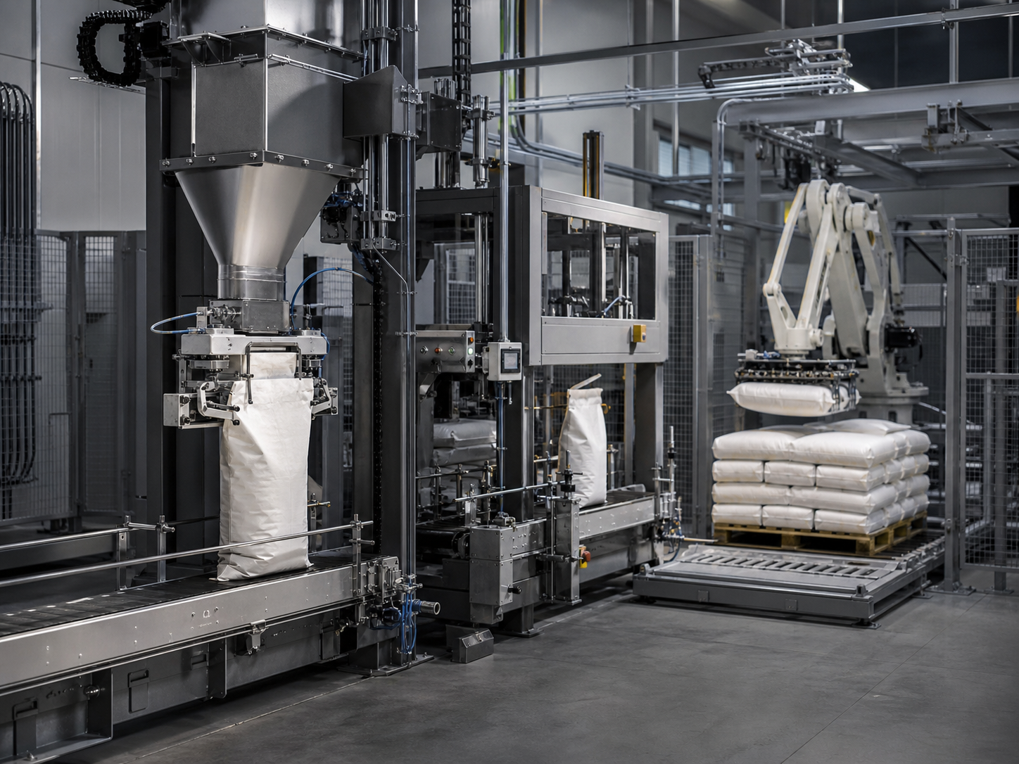 Automated powder packaging and bagging line with weighing and sealing equipment