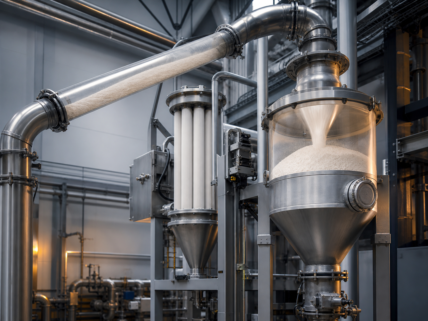 Pneumatic conveying system with stainless steel pipelines, receiver and filtration