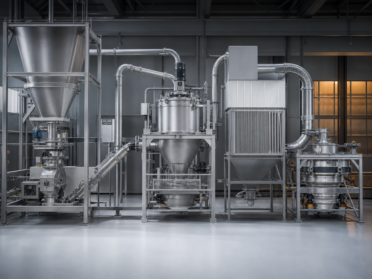 Integrated powder processing system with feeding, mixing, milling and screening stages
