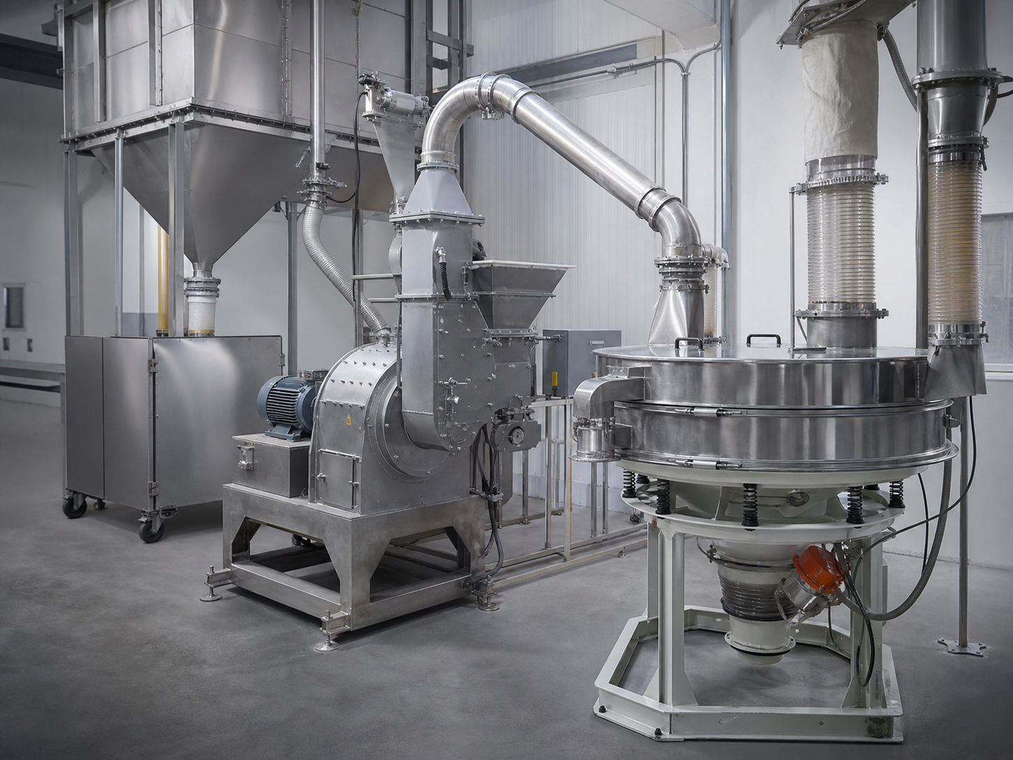 Industrial powder size reduction and screening equipment with dust controlled connections
