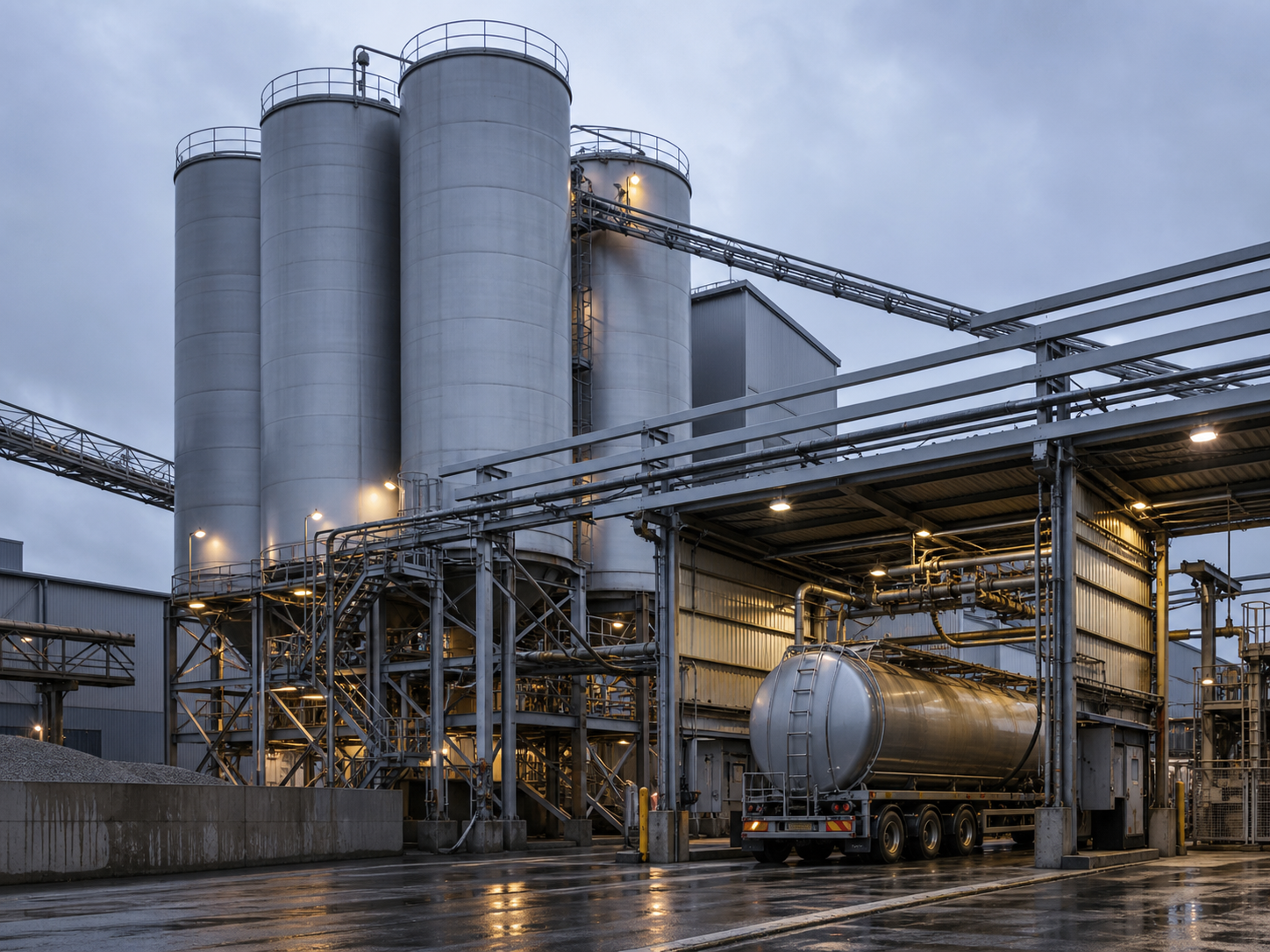 Bulk solids storage and transportation facility with silos, loading station and tanker