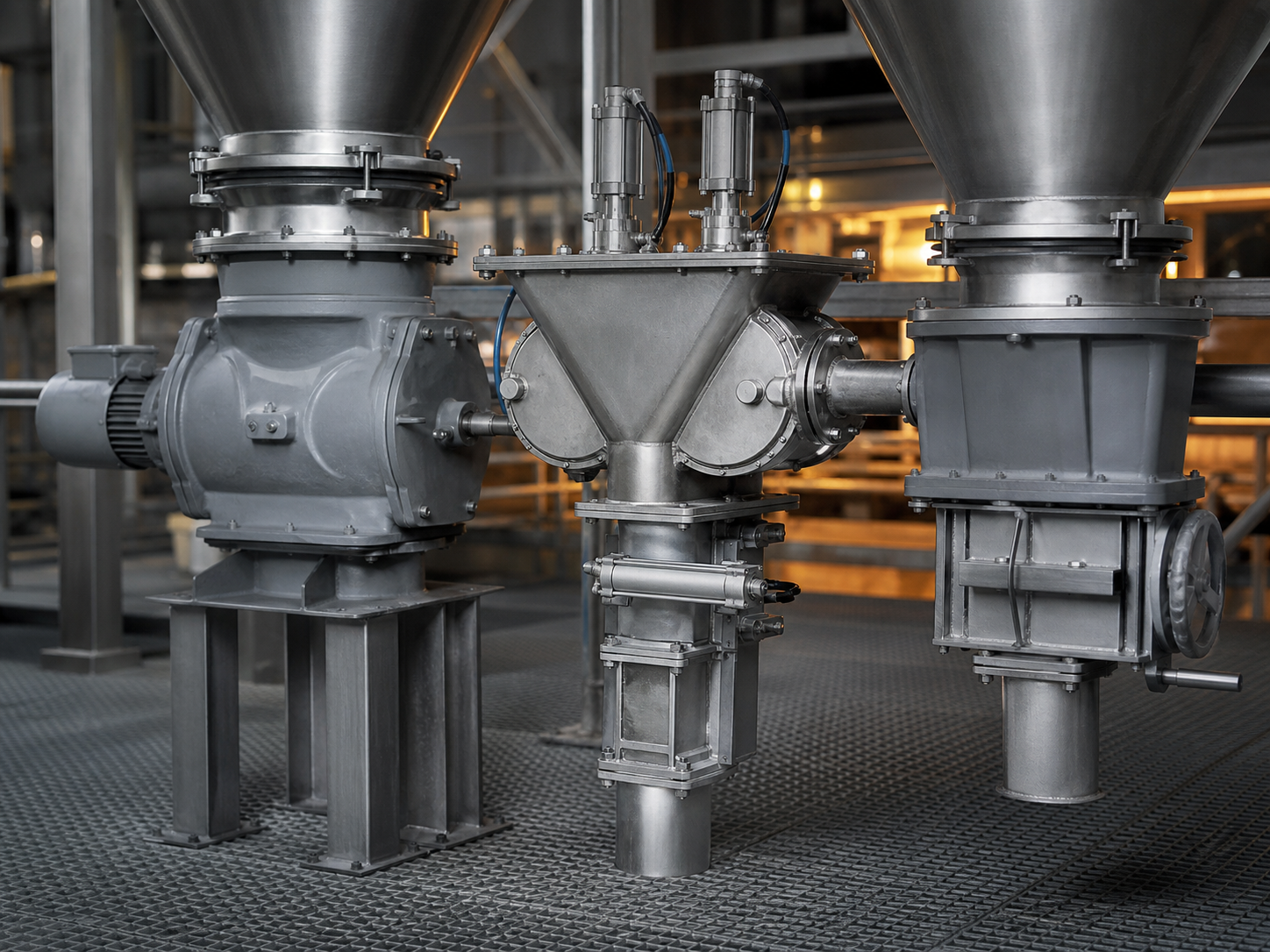 Industrial rotary airlock, diverter valve and slide gate beneath powder hoppers